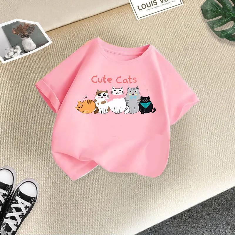 2-13Y Children T-shirt Cat Printed Kids Clothes 100% Cotton T-shirt Tops Tee Boys Girls Baby Tee