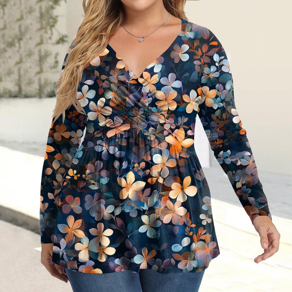 Женская рубашка большого размера с длинным рукавом, принт, плиссированный повседневный топ с V-образным вырезом