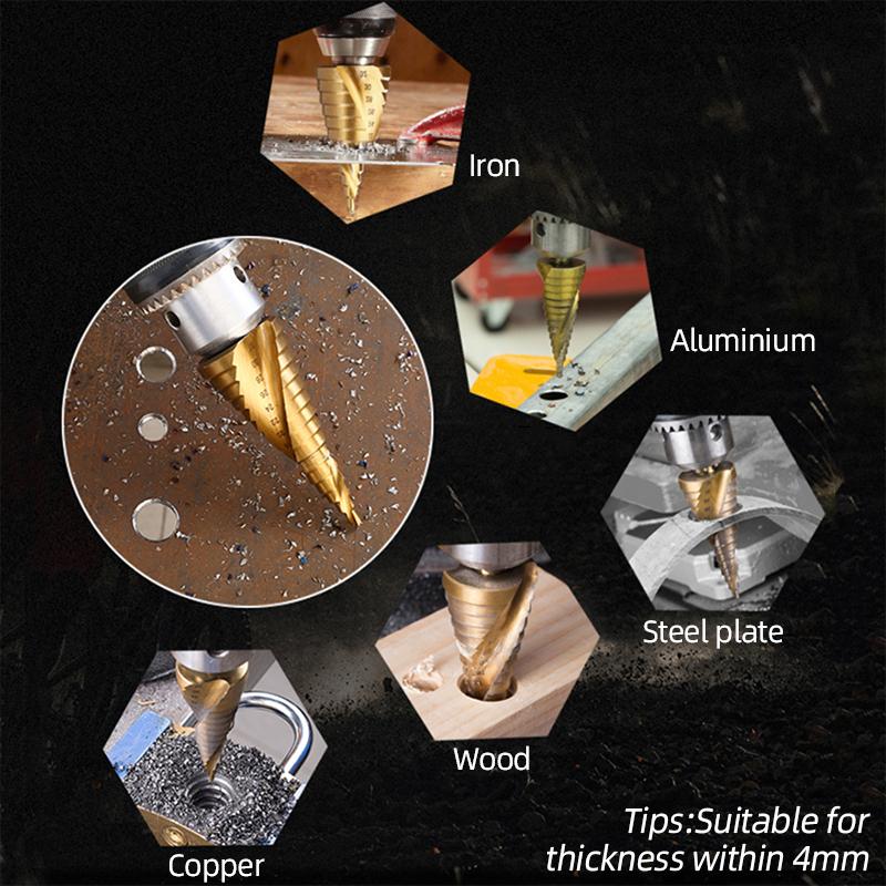 6Pcs HSS Steel Titanium Step Drill Bit Set 4-12/20/32mm Metal Hole Cutter Wood Cone Core Drilling Hole Saw Tool+3,6,8 Saw Drill