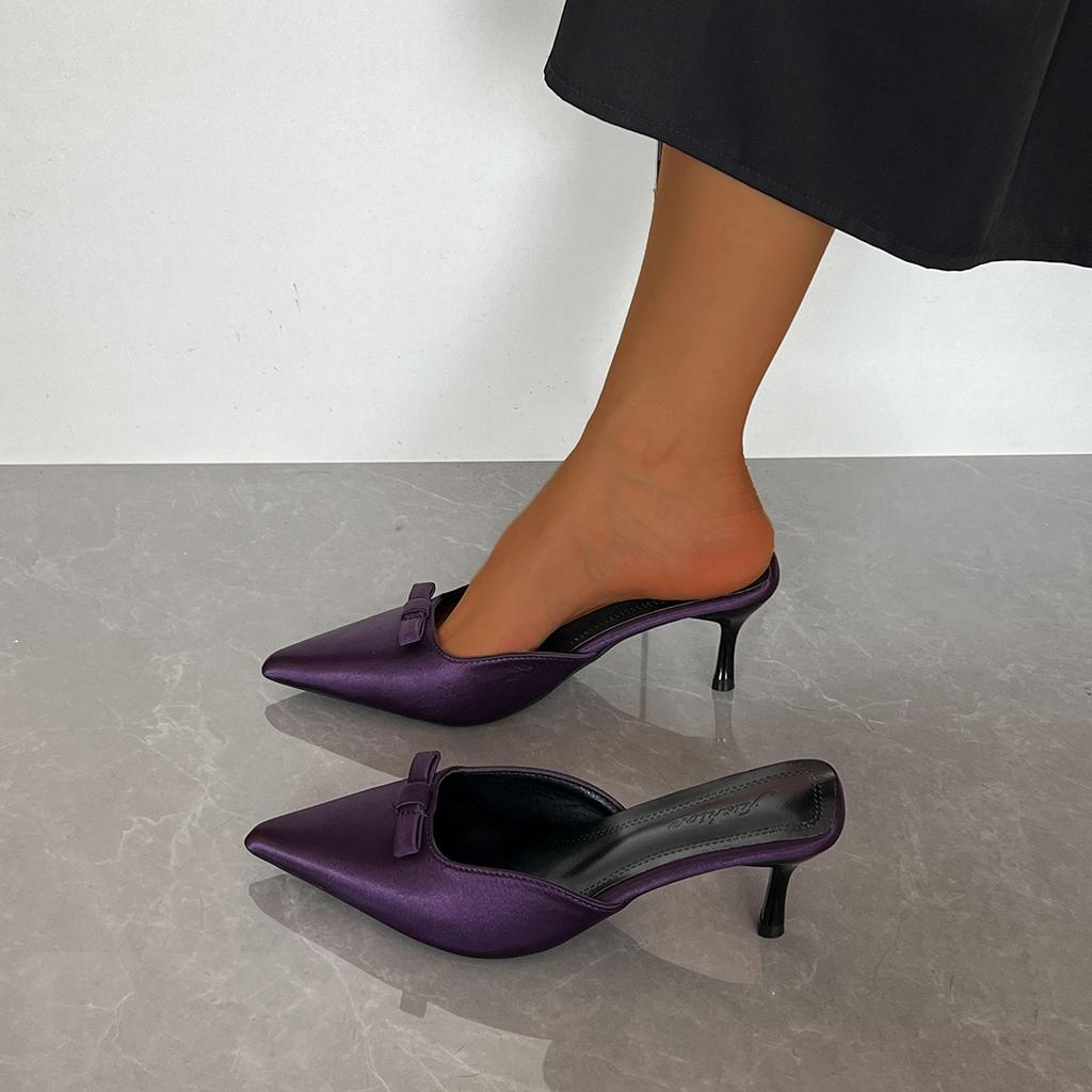 Pointed Head Thin Heel Slippers High Heel Temperament Bow Bag Head Half Drag Women's Shoes European and American Large Size Slippers Women's Shoes