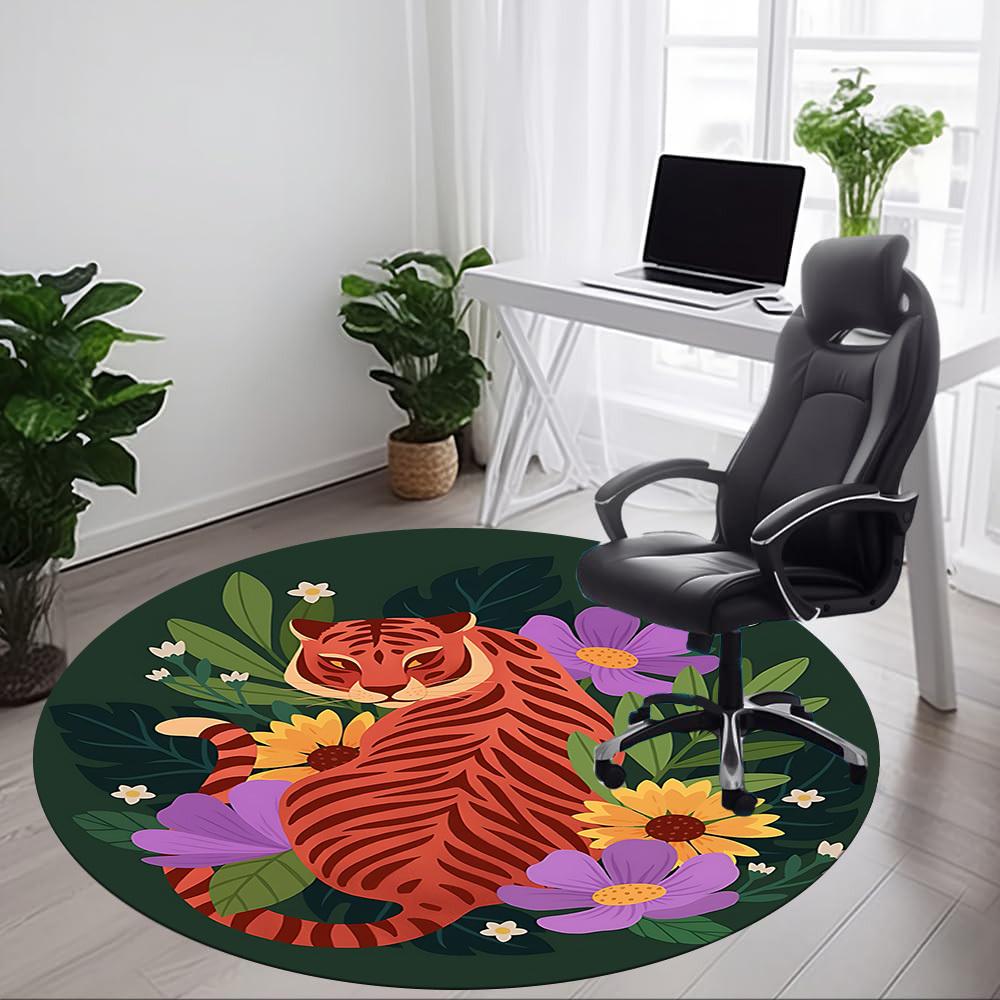 1pc Tiger Flowers Office Round Area Rug,  Mat Suitable For Office, Under Office Chairs Bedroom Living Room Home Decor, Room Deco