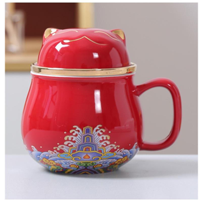 Chinese Cartoon Ceramic Cat Mug Office Teacup with Cover Separated Tea Cup for Tea Gift Cup 320ml , 1Pc