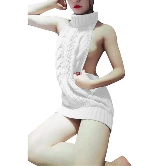 Women Sexy Backless Sleeveless Turtleneck Pullover Knit Sweater Cosplay Dress