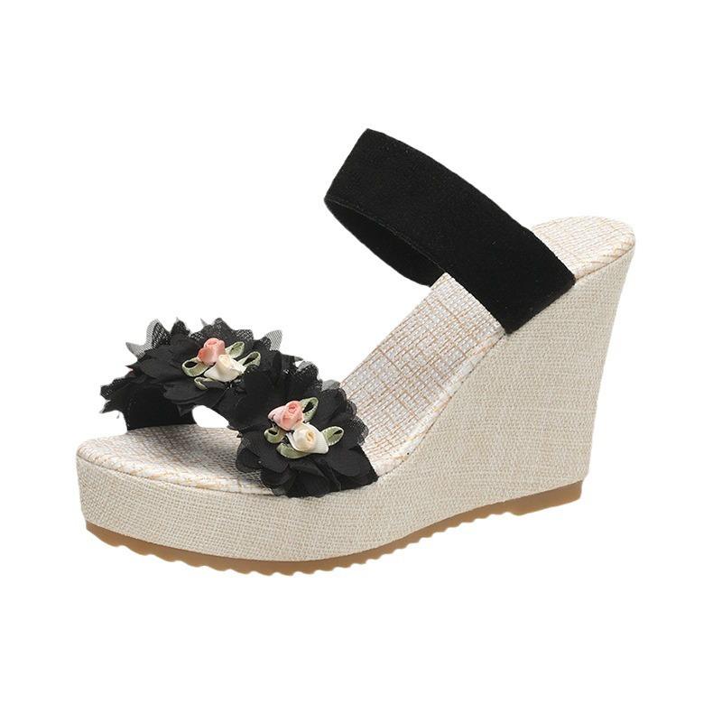 Heels 2025 Thick-bottomed Cool Slippers Women's Summer Handmade Beaded Fashion Transparent Women's Wedge Heel Slippers