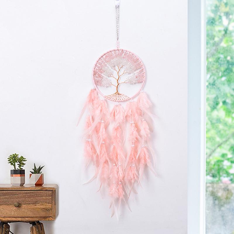 Tree Of Life Dream Catcher Handmade Pink Gravel Wall Hangings Feather Craft Home Decor Wind Chimes Dreamcatchers Room Decorate Quality