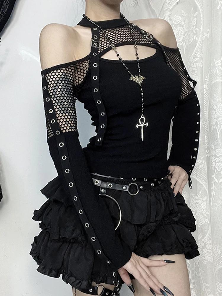 AltGoth Mall Gothic Sexy T-shirt Women Streetwear Harajuku Y2k E-girl Mesh Patchwork Hollow Out Long Sleeve Halter Crop Tee Tops