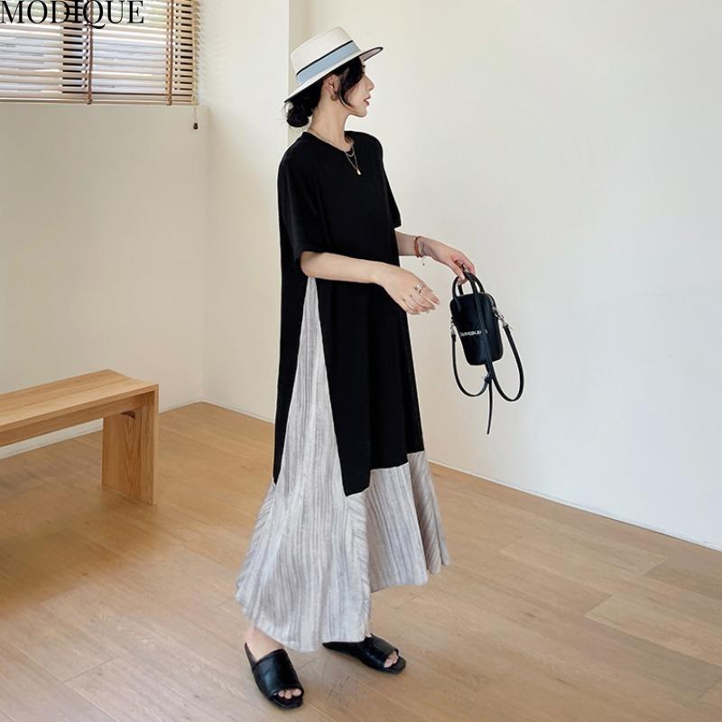 MODIQUE Summer Plus Size New Women Basic Loose Minimalist Patchwork Pleated Long Dresses Female Casual Short Sleeve O-Neck Dresses