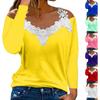 Fashionable Lace V-neck Pullover Long Sleeve Top Solid Color Casual T-shirt