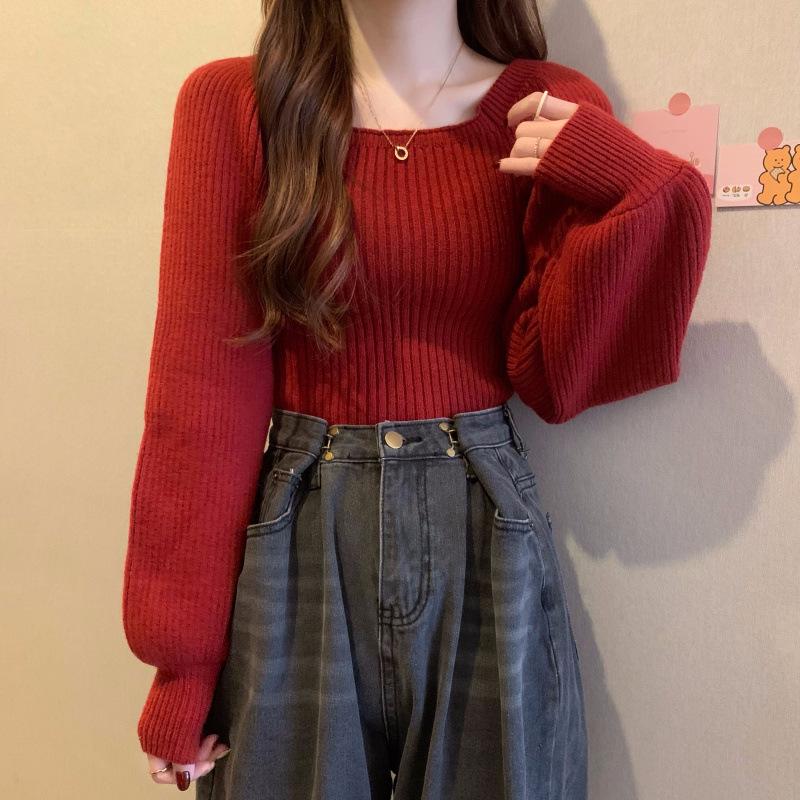 Высококачественный свитер с пышными рукавами и квадратным вырезом - Осенне-зимний приталенный универсальный топ