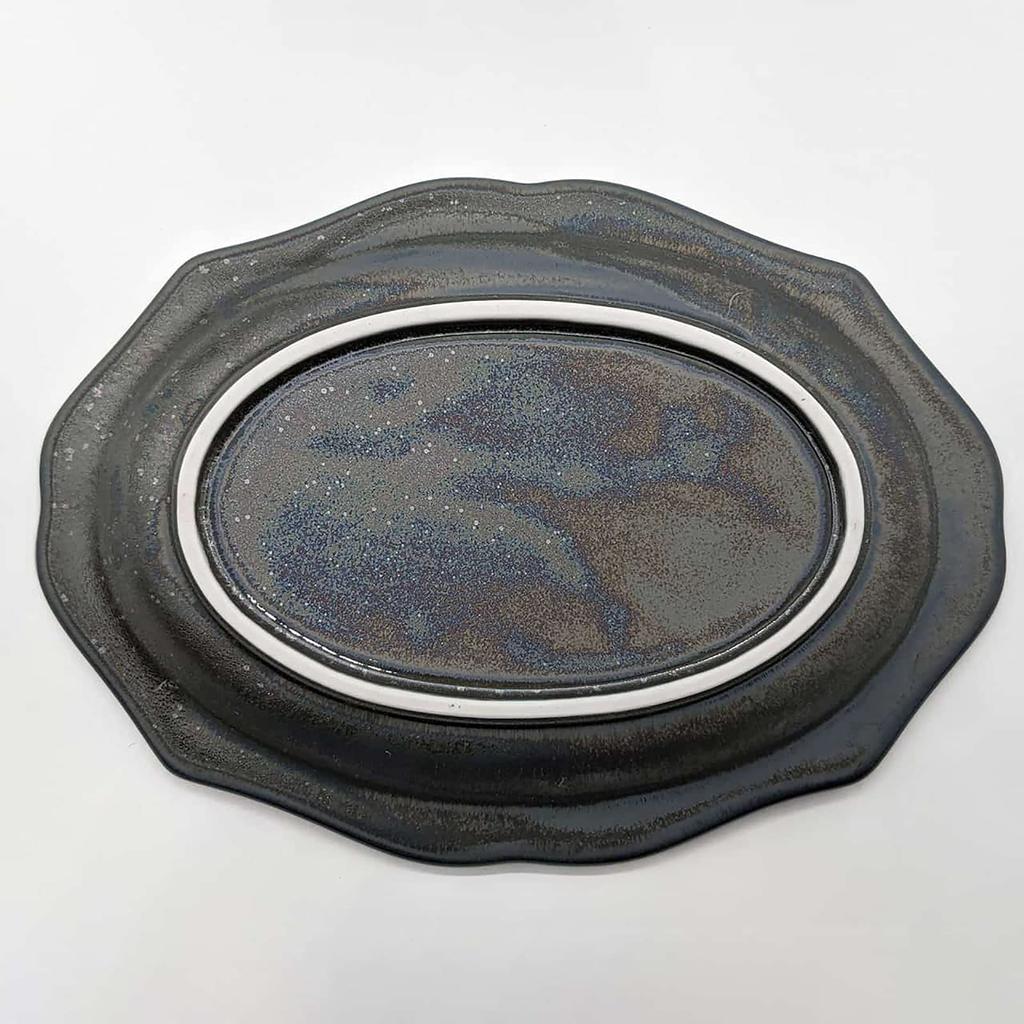 Utsuwa Roan Mino Ware Овальная тарелка с рельефным узором Диаметр приблизительно 25 x 18 см Картон Серебряный Черный Сияющий Ichiyo Toen Подходит для микроволновой печи Сделано в