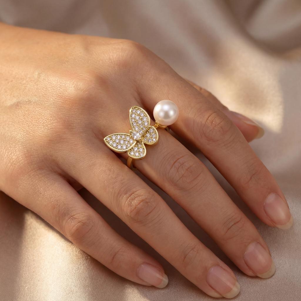 Elegant Freshwater Pearl Ring with Pave CZ Butterfly Ideal for Bridal Anniversary & Special Occasions