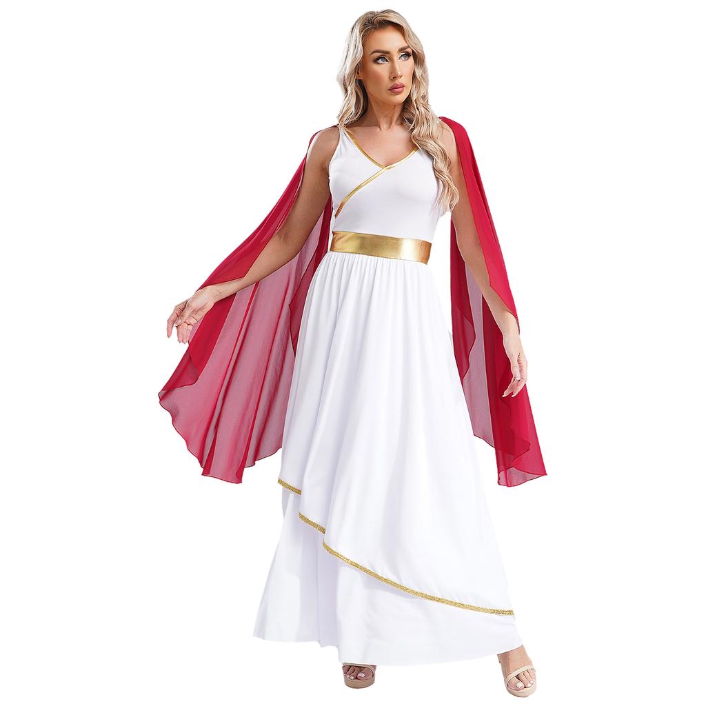 Womens Ancient Greek Beauty Dress V Neck Sleeveless Gold Trims Toga Greece Roman Queen Cosplay Costume