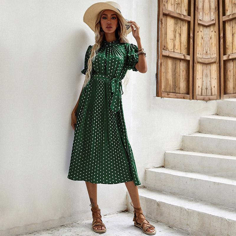 YYFS Женская мода Летние повседневные платья в горошек с коротким рукавом и круглым вырезом