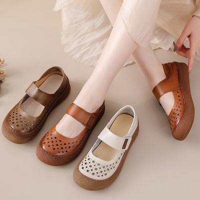 Мода Новое поступление вырезы сандалии из коровьей кожи женские летние туфли мэри джейн на плоской подошве женские на липучке мягкие лоферы женские дышащие сандалии