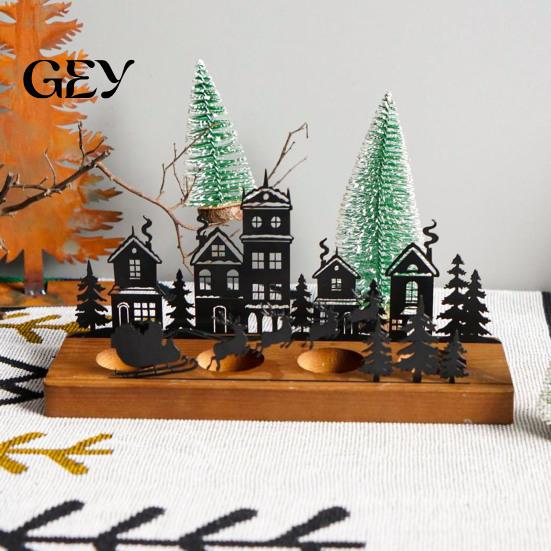 Farmhouse Candle Stand Christmas Town Silhouette Holder, Wooden Tea Light for Decorative Fireplace Accents Tabletop Decoration, Metal Festive and Home