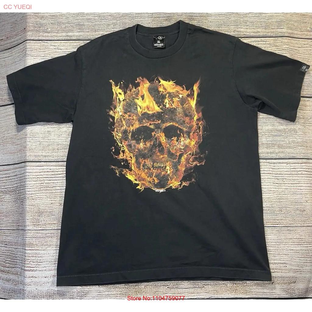 Large Rare Nitraid Japanese Brand Y2K Design Flaming Skull Black T Shirt vintage Washed Casual designer clothes Unisex fashion