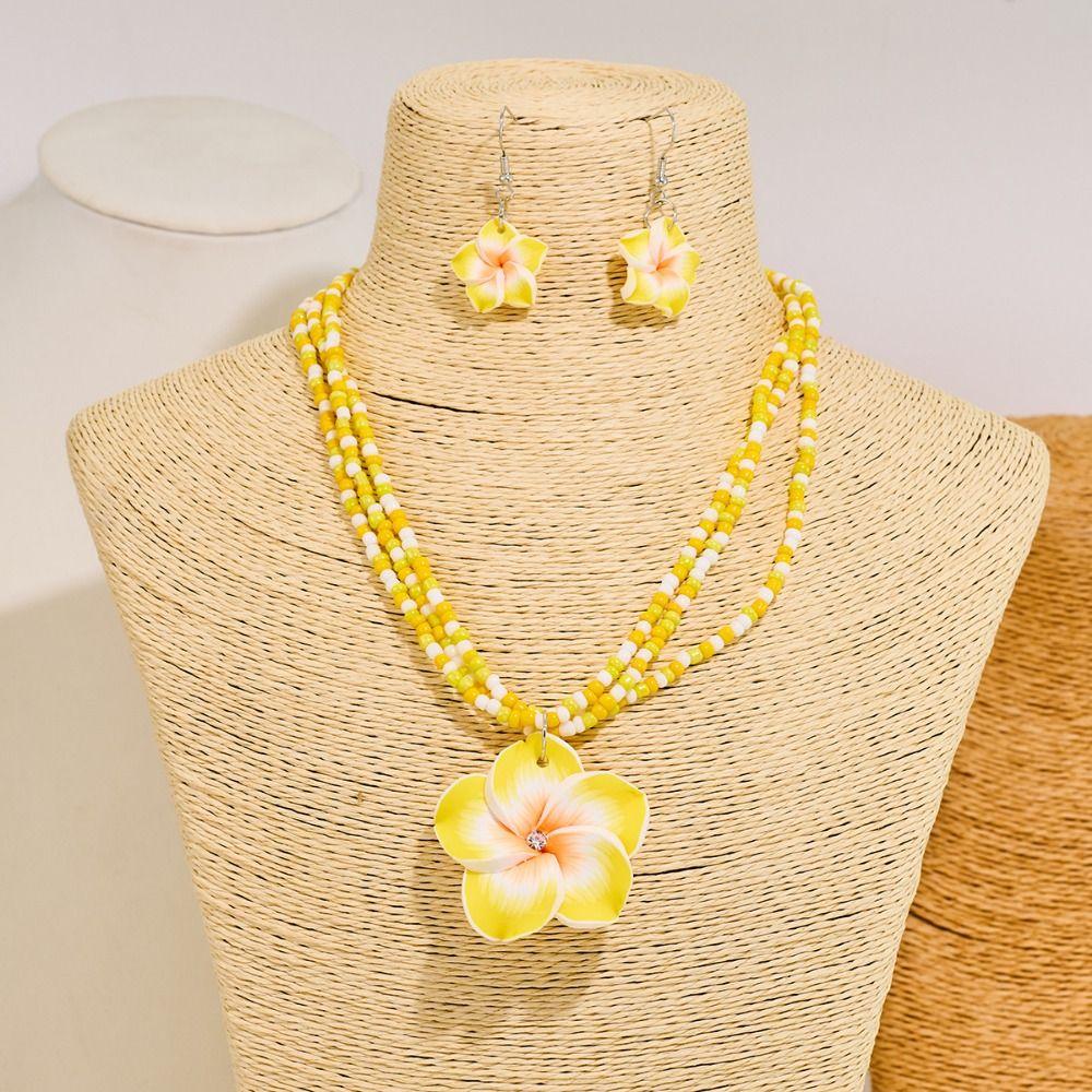 Multilayer Rice Bead Earrings Necklaces Jewelry Set Egg Flower Collarbone Chain Women Girls