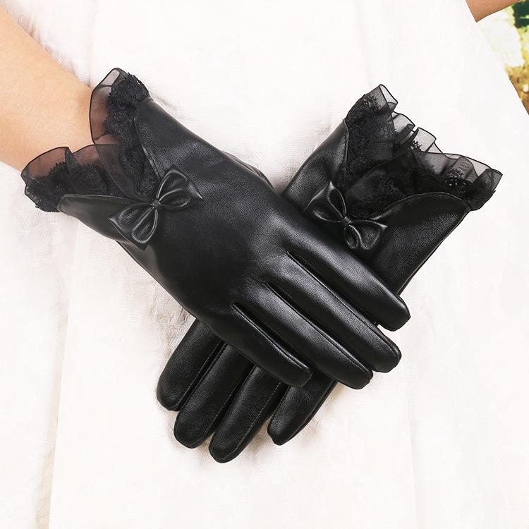Winter Warm Gloves for Women's New PU Leather Lace Bow Winter Plus Velvet Thickened Touch Screen Gloves