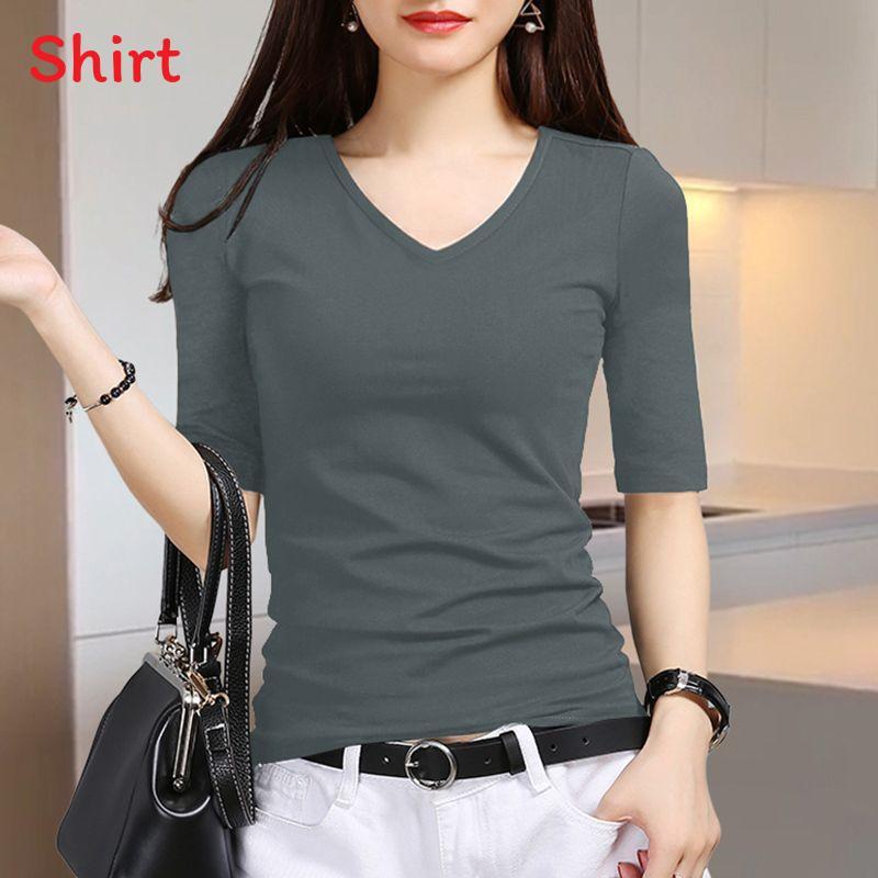 T Shirt For Women V Neck Short Sleeve Polyester Slim Fit Casual Summer Top