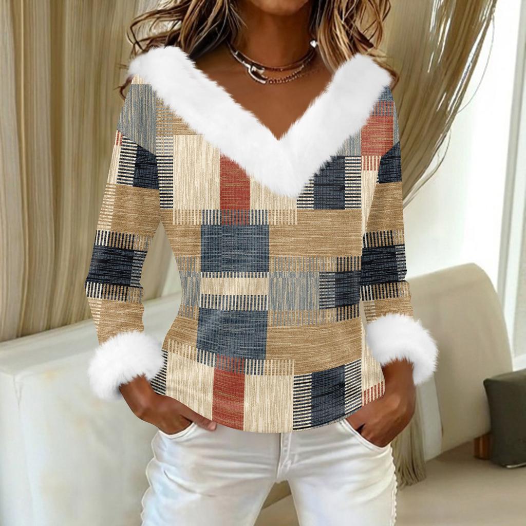 Women's T Shirt Tee Print Shirt Long Sleeve Party Fleece Collar V Neck Top
