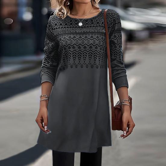 Женское платье, удобное стильное элегантное повседневное короткое платье с длинным рукавом и круглым вырезом с принтом для повседневной носки