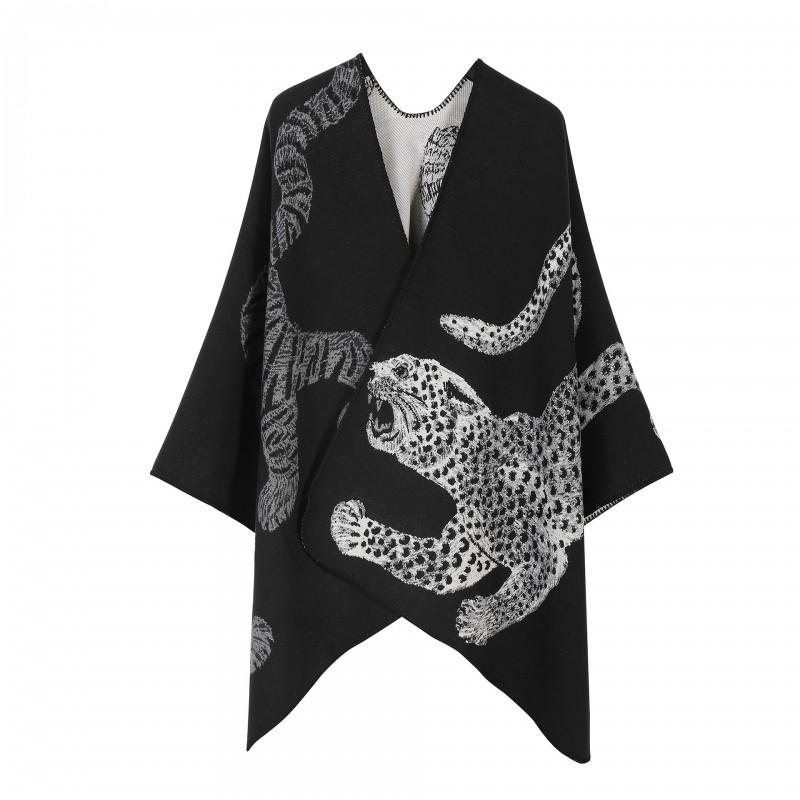Vintage Thick Knit Leopard Print Shawl Cape Large Size Warm Scarf Travel