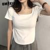Женская модная повседневная футболка с коротким рукавом и квадратным воротником и топ