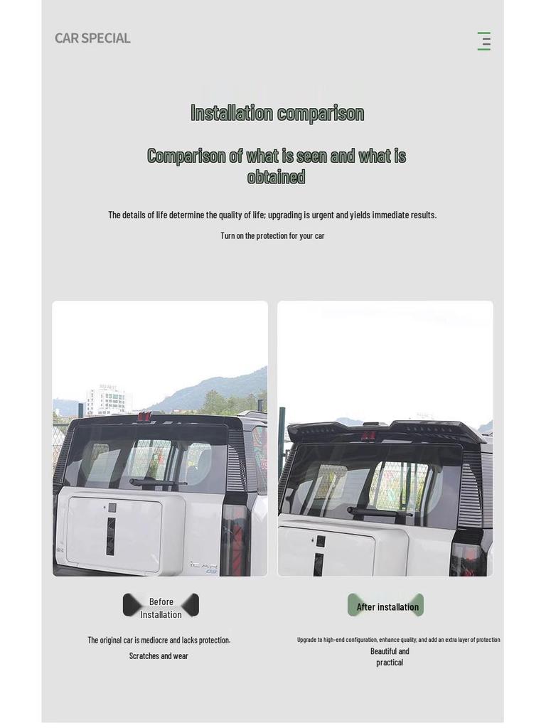 Модификации Chery iCAR03: Заднее крыло, Спойлер, Верхнее крыло, Передний сплиттер, Пороги, Передний сплиттер и Малый боди-кит