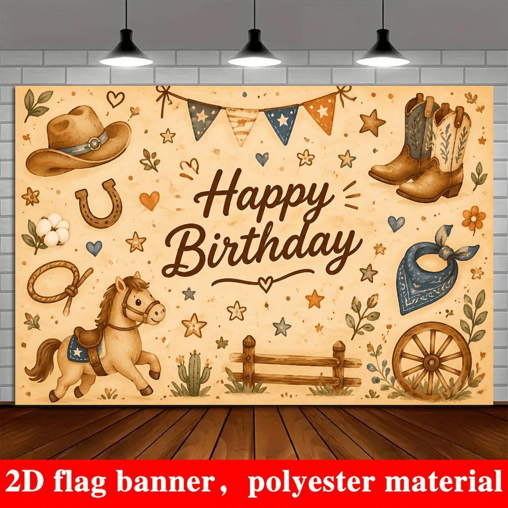 Western Cowboy Birthday Banner Backdrop, Cowboy Hat Boot Pony Cactus Wagon Wheel, Polyester, No Power, Party Decor