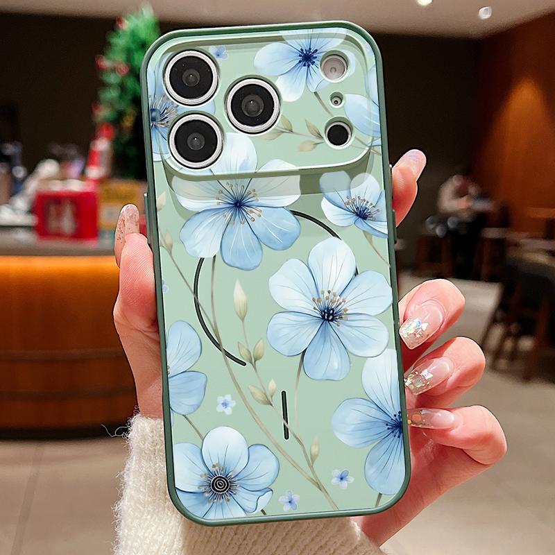 Красивый чехол с узором из небесно-голубых цветов для iPhone 17 Pro Max Магнитный для Magsafe Покрытие с ощущением кожи для iPhone 16 15 14 13 Pro Max