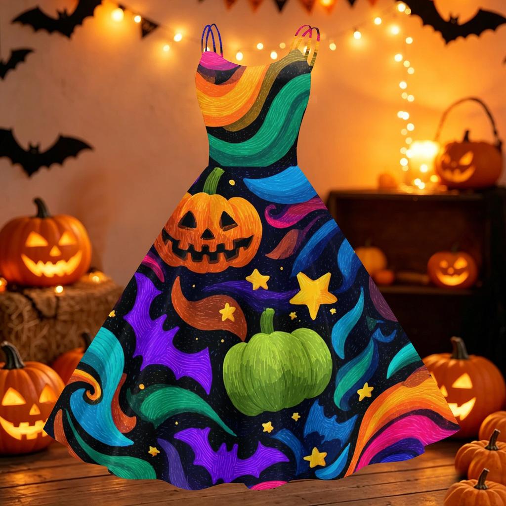 Women's Halloween Printed Off Shoulder Punk Vintage Dress Sleeveless Spaghetti Strap A Line Dress with Halloween Pumpkin Ghost Bat Pattern