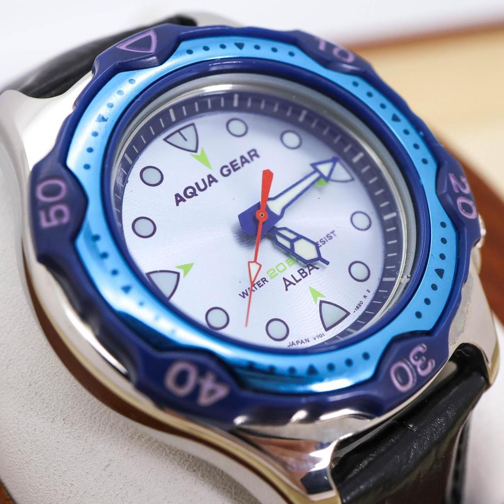 [USED] Working SEIKO ALBA AQUAGEAR Rotating Bezel Leather Watch 2084