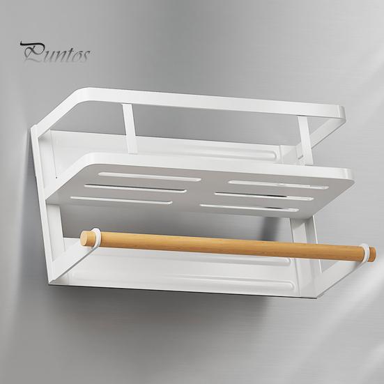 Магнитная стойка для хранения с держателем для бумажных полотенец, большая вместимость, простая установка, полка для специй на холодильник, кухонный органайзер с держателем для рулонов полотенец