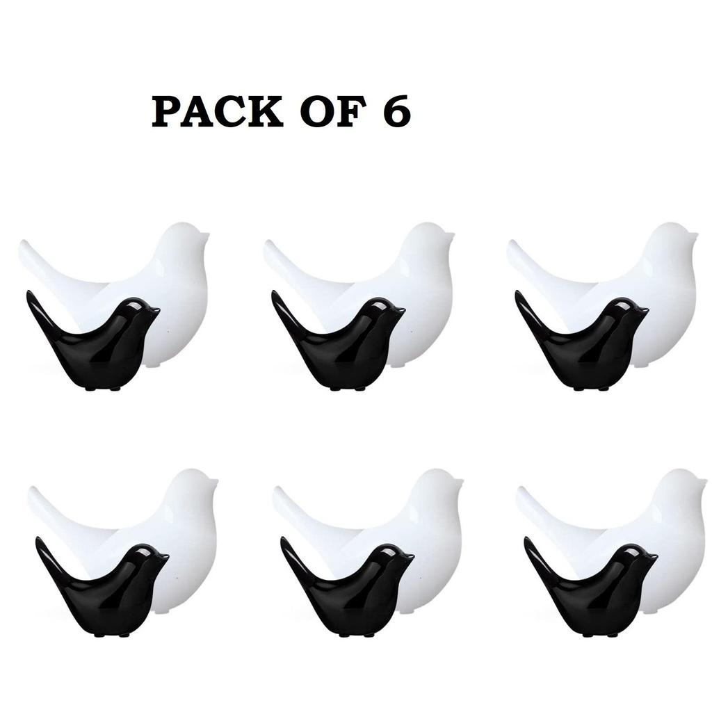 Creative White and Black Glossy Ceramic Birds Figurines Home Decorations Accessories Party (Pack of 6, Black & White)