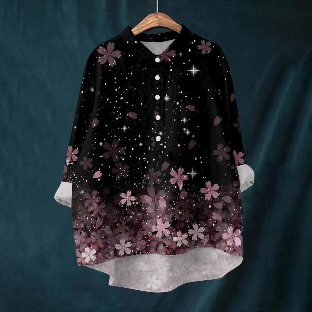 Women's Shirt Blouse Long-sleeved With Buttons Print Casual Hem Irregular Shirt Collar Top