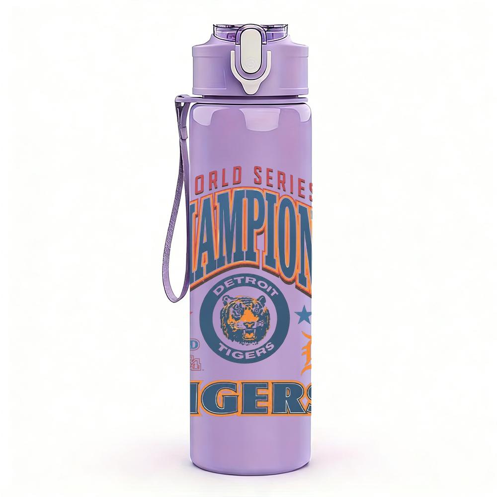 1PC Champions tigers orange text print 750ml colorful plastic sports water bottle leakproof pop up lid with straw for outdoor work home use