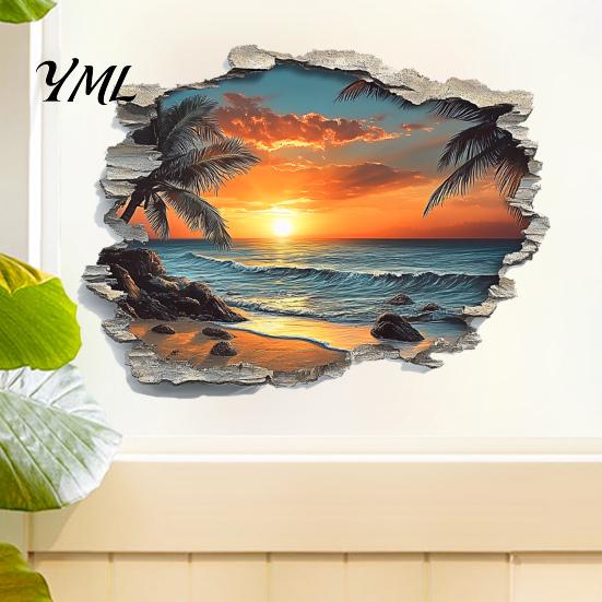 Customizable Scenery Wall Stickers 3D Beach Sticker, Sunset Coconut Tree Mural, PVC Waterproof Decal, Large Mural for Living Room Removable Art Decor