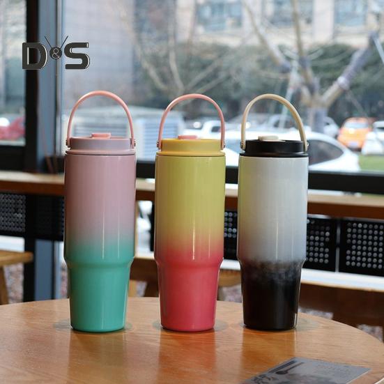 Стакан из нержавеющей стали на 30 унций с ручкой, соломенной крышкой, изолированная дорожная кружка, герметичная чашка для воды для домашнего офиса, тренажерного зала, дорожная бутылка для смузи для взрослых