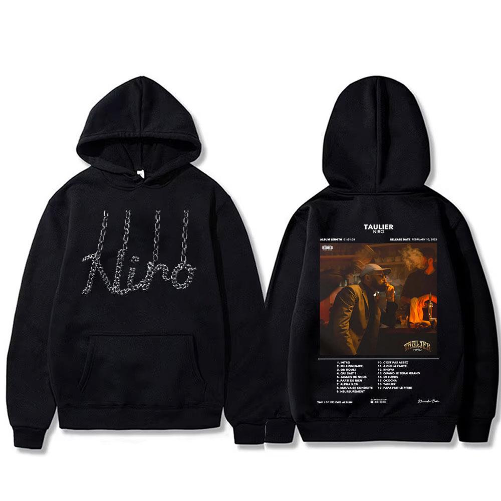 2026 Men Women Niro Rapper Front Small Logo Back Album Collage Graphic Hoodie Pullover O Neck Casual Streetwear Unisex Daily Wear Sweatshirt