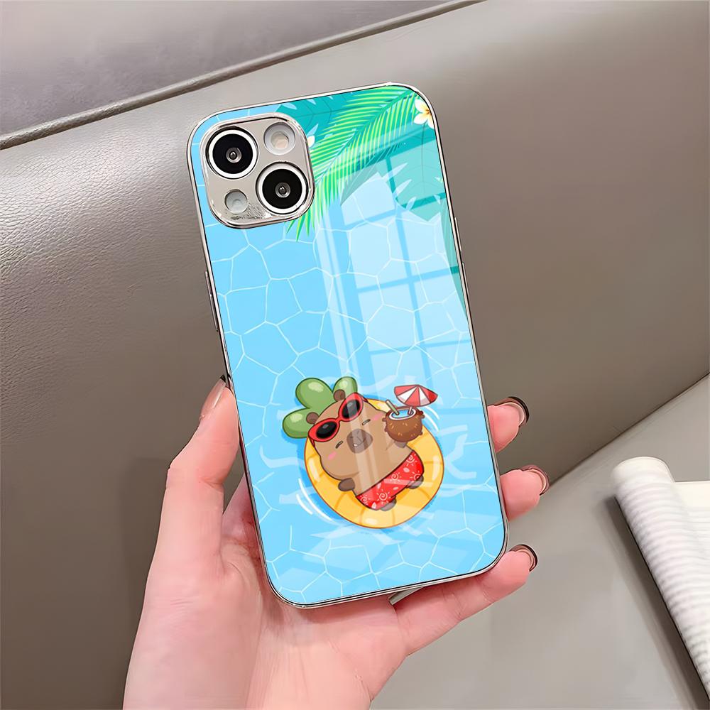 Cute Capybaras Phone Case For IPhone 17 Pro Max 15 Pro 16 14 Plus 12 13 Mini 11 Pro Shockproof Electroplated Glass Cover