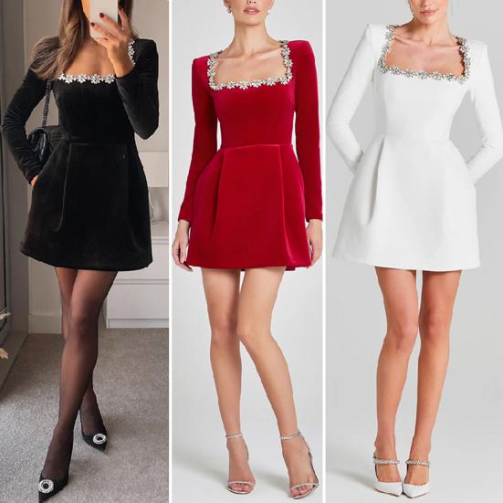 Женское мини-платье с квадратным воротником, длинным рукавом, декором из бисера и цветов, короткое платье с высокой талией и длиной выше колена