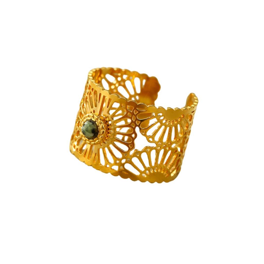 GEMCHIC Women's Openwork Natural Stone Cuff Ring 18K Gold Plated Stainless Steel Fashion Jewelry