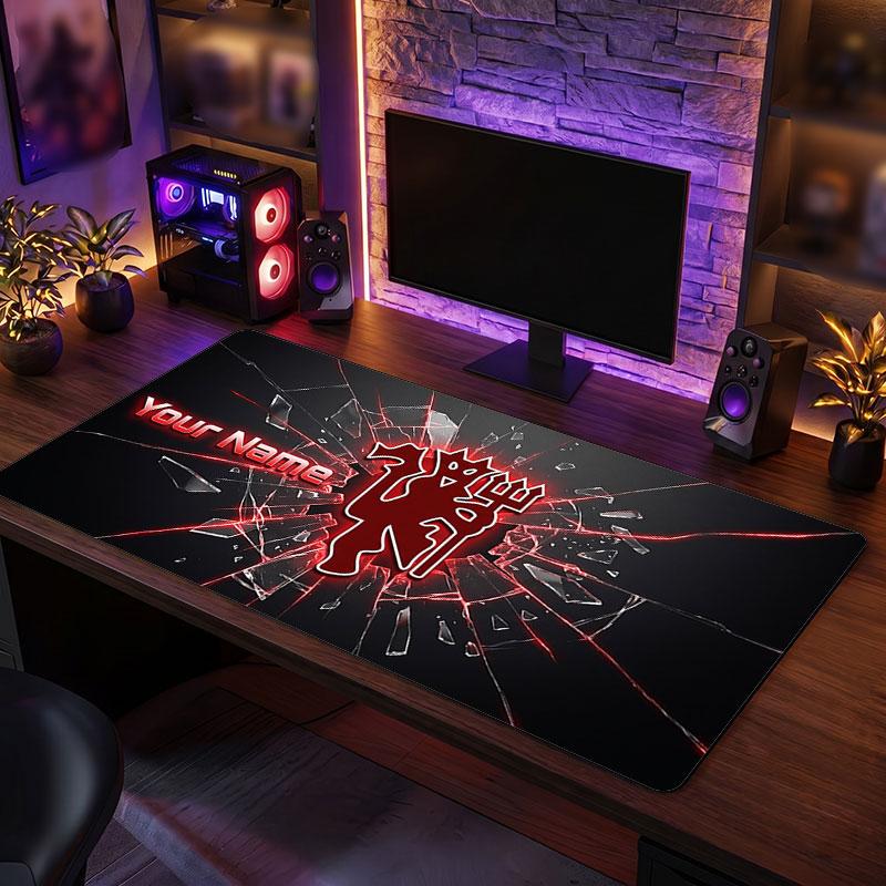 Manchester United Custom Large Mouse Pad, Personalized Name Text Print, Football Logo Non‑Slip Desk Mat Gaming Gift
