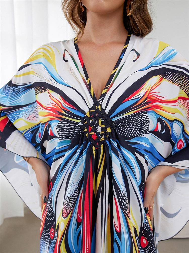 EDOLYNSA Boho красочный принт бабочки ручной вязки V-образным вырезом с рукавами «летучая мышь» плюс размер кафтан платье для женщин 2024 летняя пляжная одежда бикини накидки Q1588