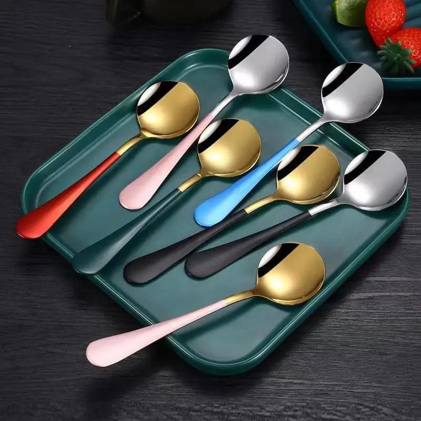 1 Pcs 17cm Stainless Steel Round Spoon Cute Dessert Spoon Coffee Children's Golden Silver Spoon Dessert Spoons Kitchen Soup