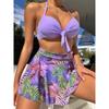 Ladies Swimsuit Biquini Outfits Summer Halter Bra+Thong+Skirts Three Piece Bathing Suit Sexy Flower Print Beach Bikini For Women