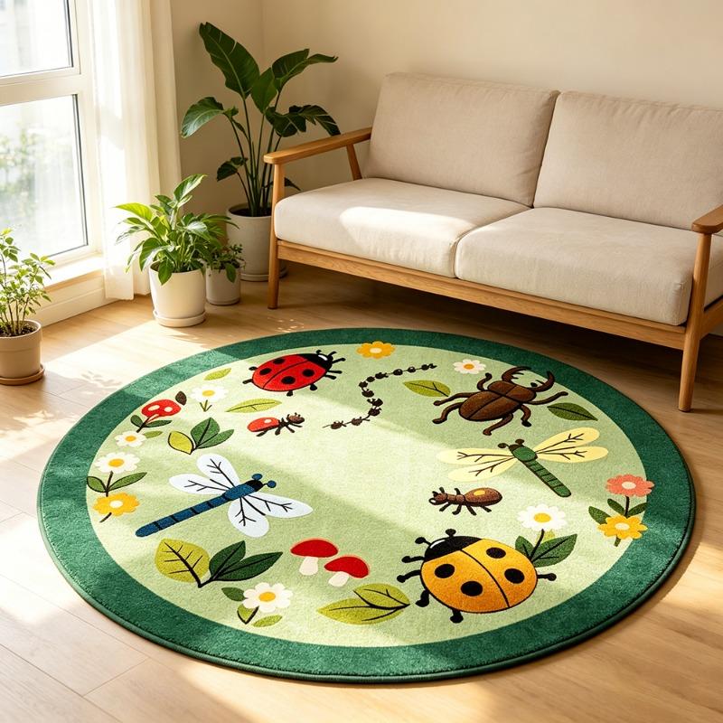 Cute Cartoon Insect Pattern Round Rug Stylish Unique Home Decor Living Room Carpet Fashion Fresh Bedroom Bedside Floor Mat