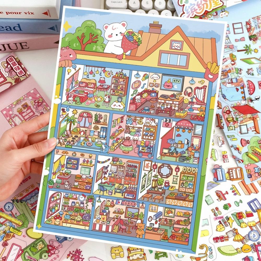 Little Bear Colorful House Series Miniature Landscape Sticker DIY Large Size Cabin Scene Sticker Stress Relief Cartoon