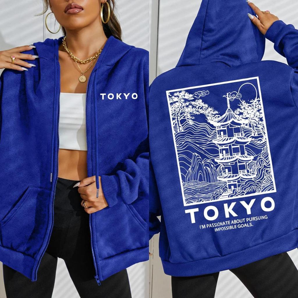 Токио Креативное Здание Дизайн Письма Сакура Женское Худи на Молнии Уличная Одежда Повседневное Свободное Худи Осенний Топ