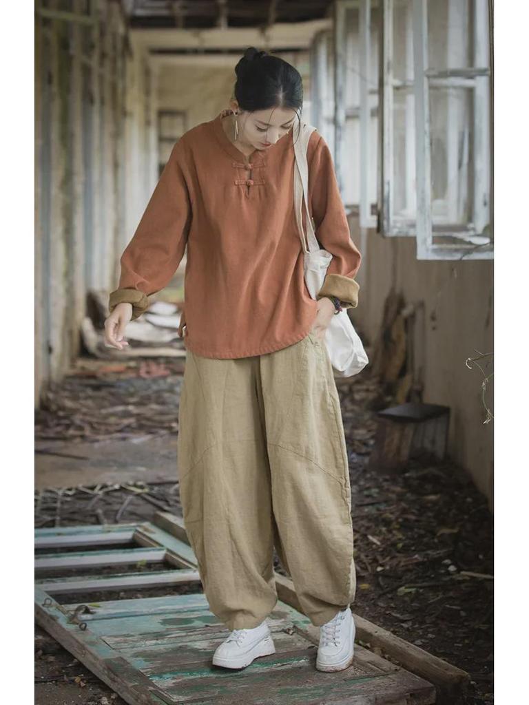 Женская рубашка из хлопка и льна в стиле ретро: Футболка весна/лето из бархата с пуговицами